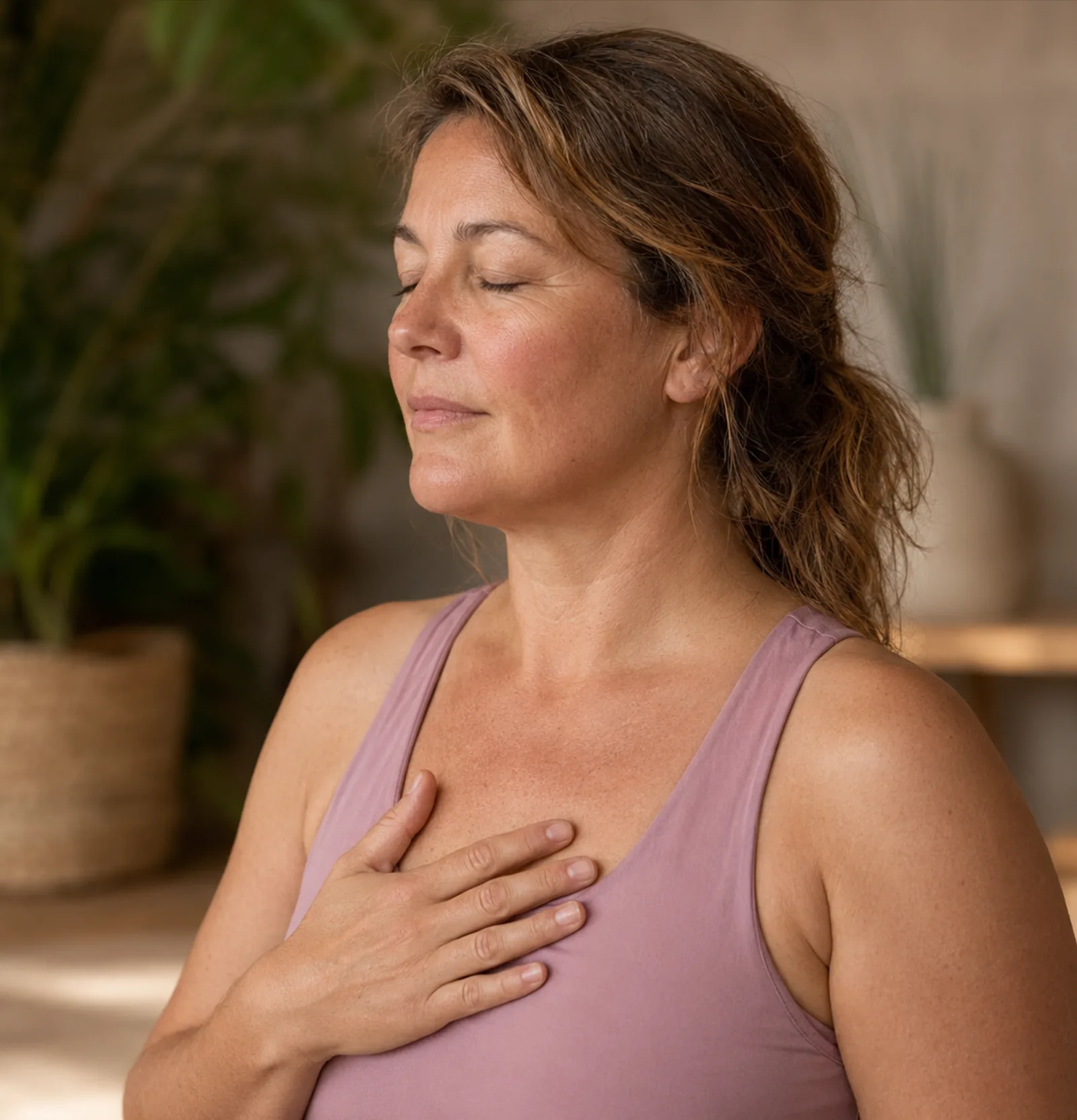 Woman practising breathwork, hand resting on chest